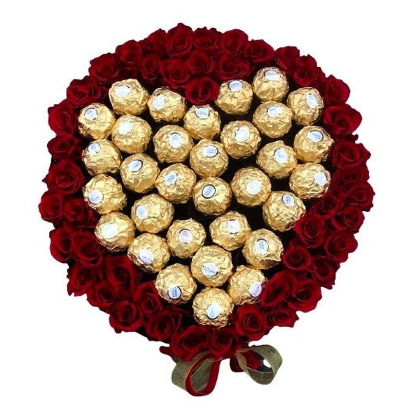 Fresh Roses with Chocolate Heart Box