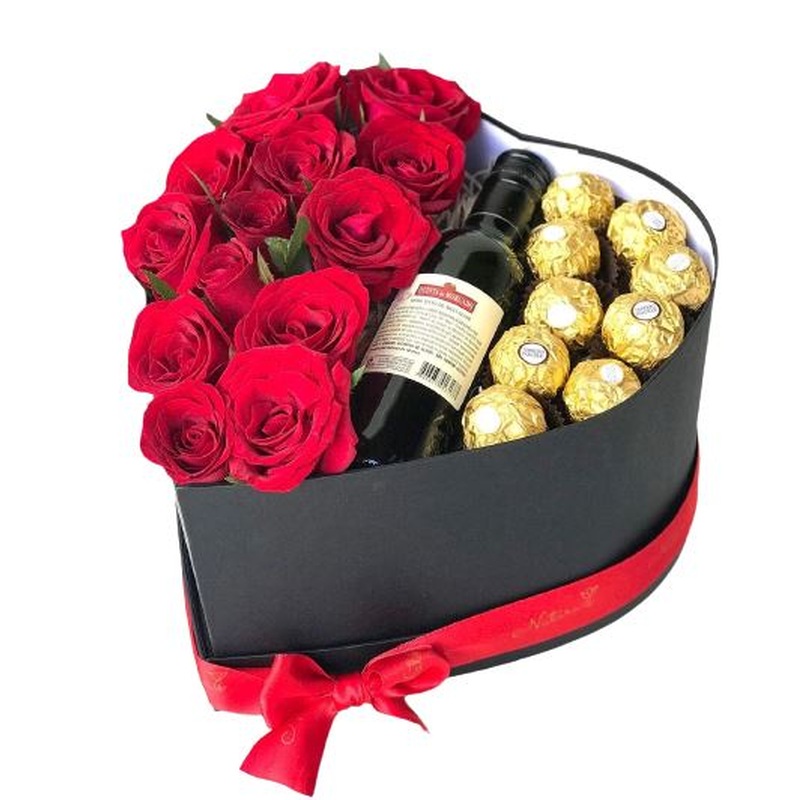 Roses with Chocolate and Wine Box
