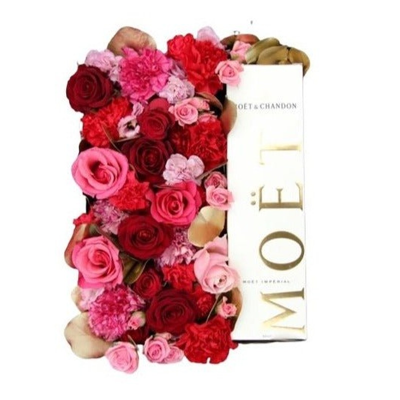 Pink and Red Flowers with Champagne Gift Box