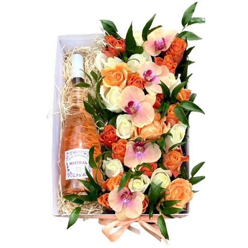 Peach Flowers Special Box with Bottle of Wine