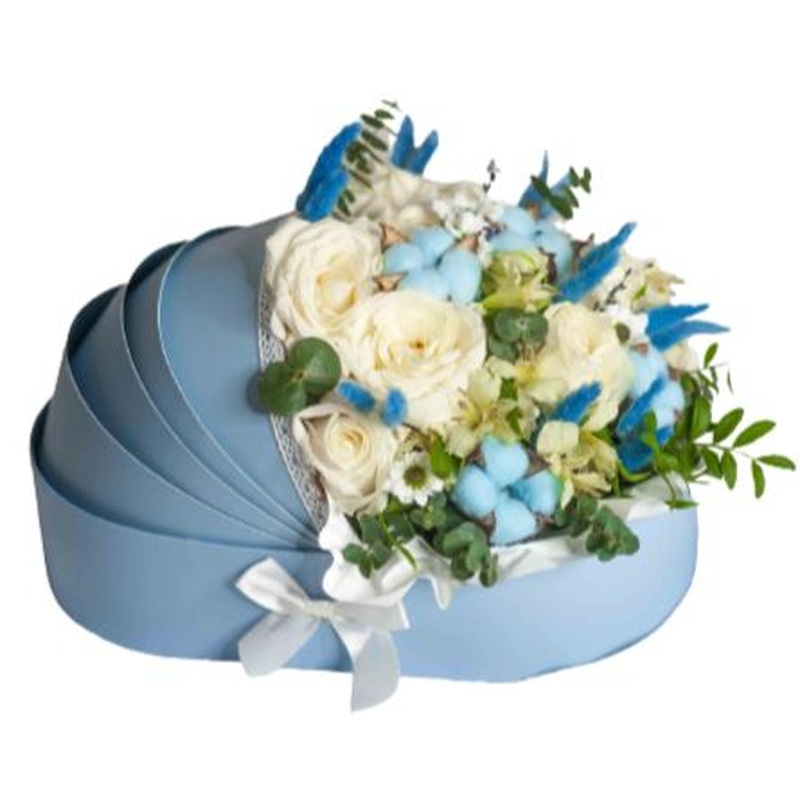 White Flowers with Blue Decoration Cradle Box