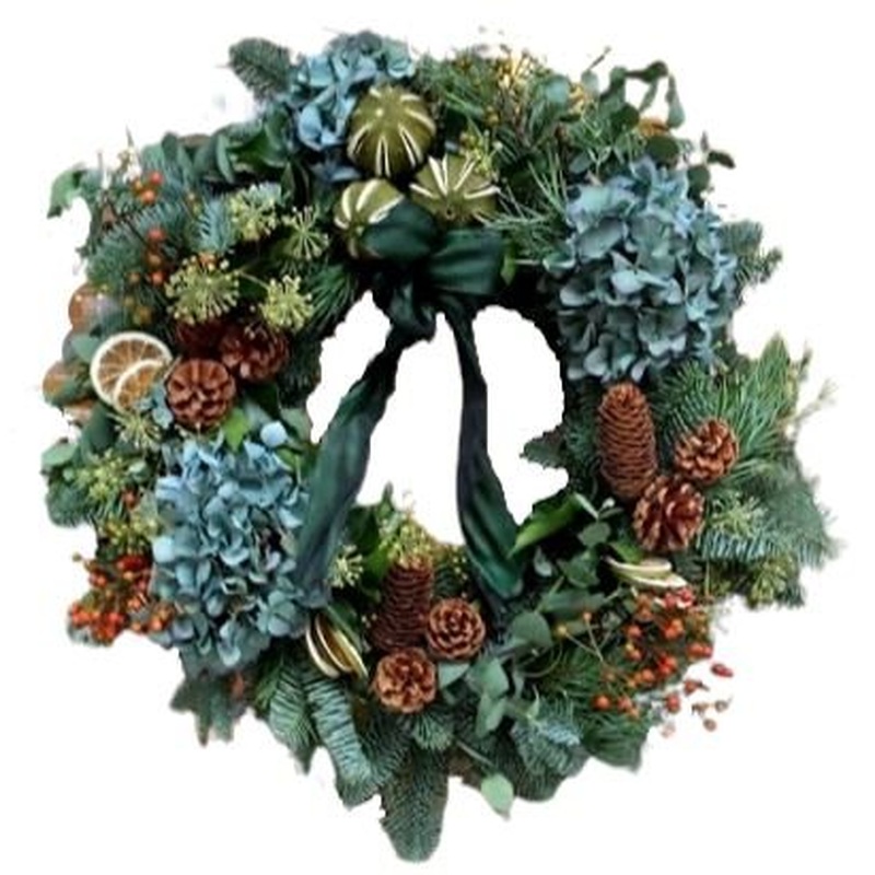Fresh Blue Hydrangea Holly Wreath