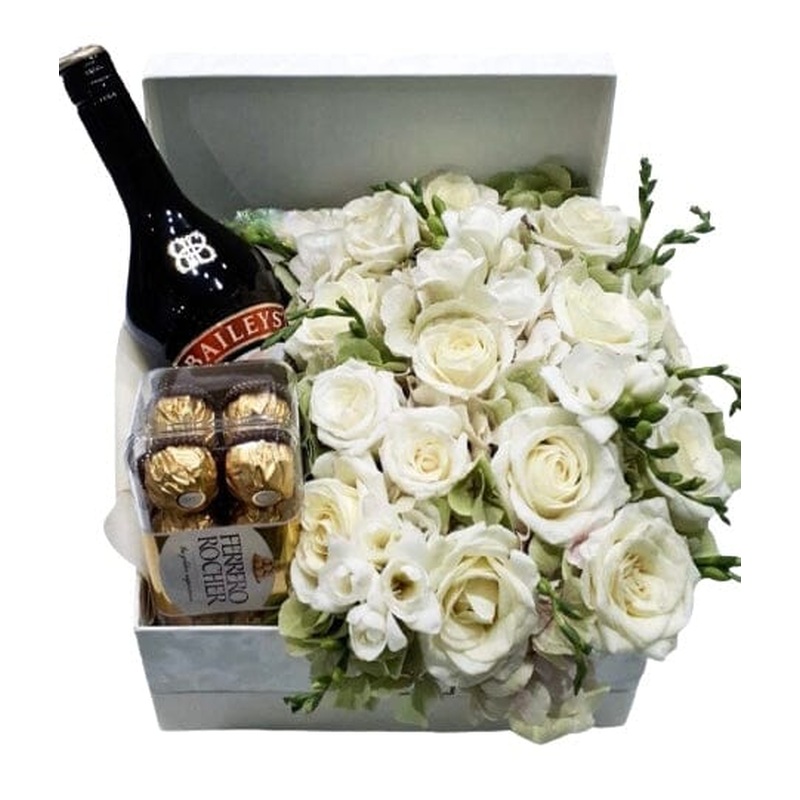 White Flowers with Alcohol Gift Box
