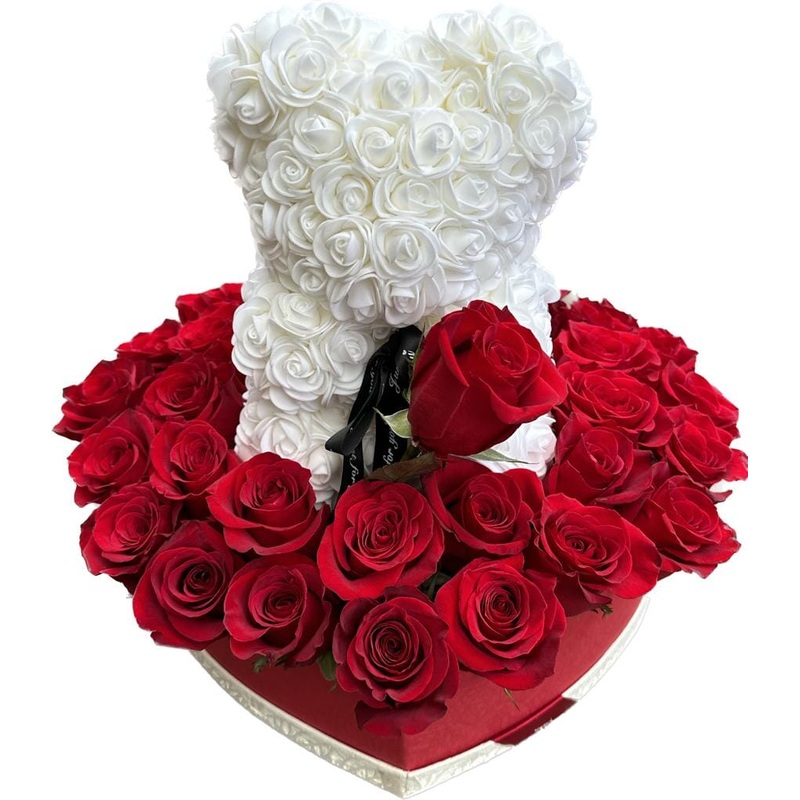 Luxury Gift of Red Roses and Teddy in a Heart Box