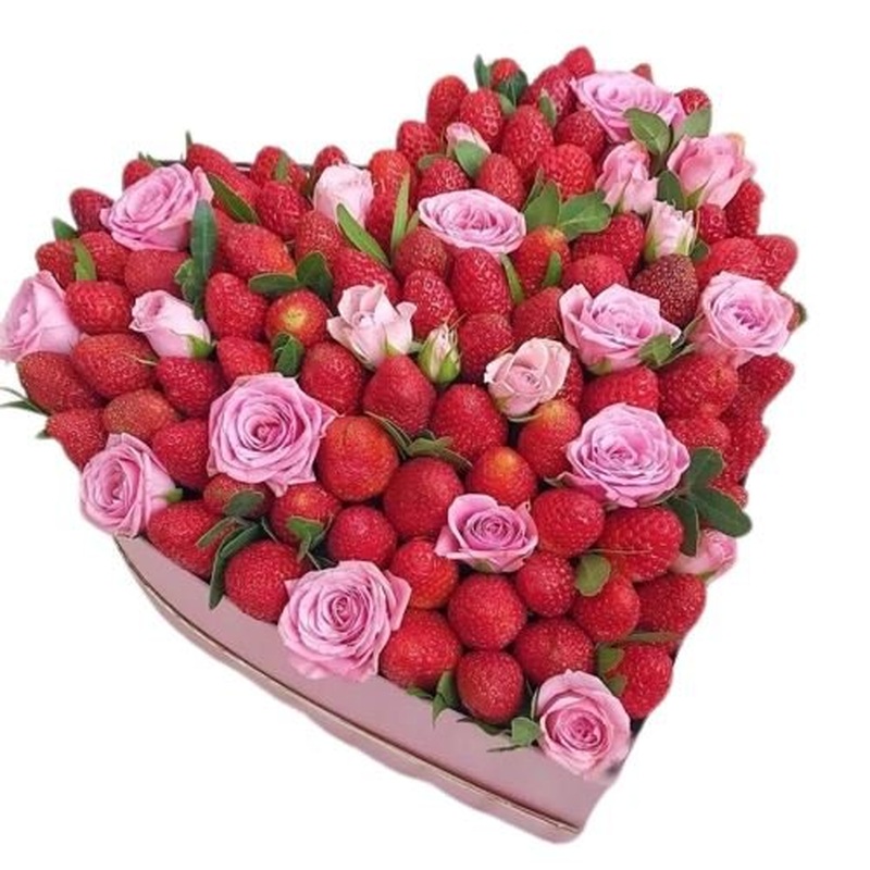 Box of Strawberries and Spray Roses