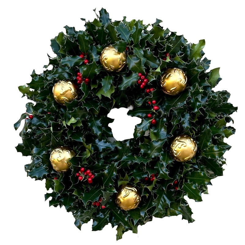 Holly Christmas Wreath with Gold Baubles