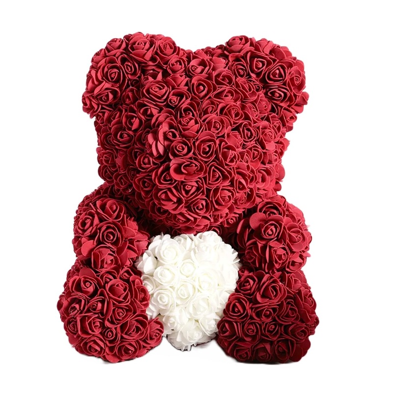 Luxury Red Wine with White Heart Rose Teddy Bear - A Forever Gift