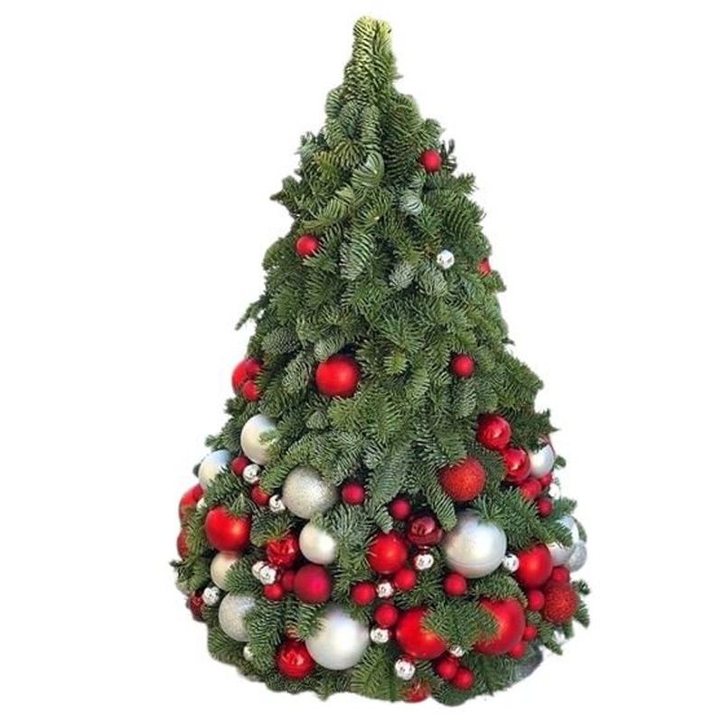 Fresh Spruce Festive Tree Arrangement: Rafined Red and Silver Baubles Decorations
