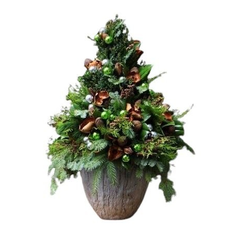 Green Christmas Tree Pot Arrangement : with Baubles and Rustic Flair