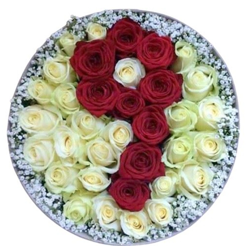 Red and White Roses Number Box Adored with Gypsophila