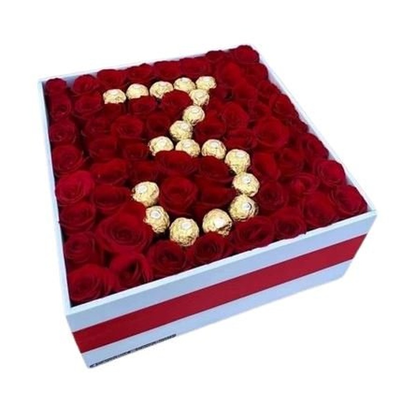 Sweet Numbers Box of Roses and Ferrero Rocher Chocolate
