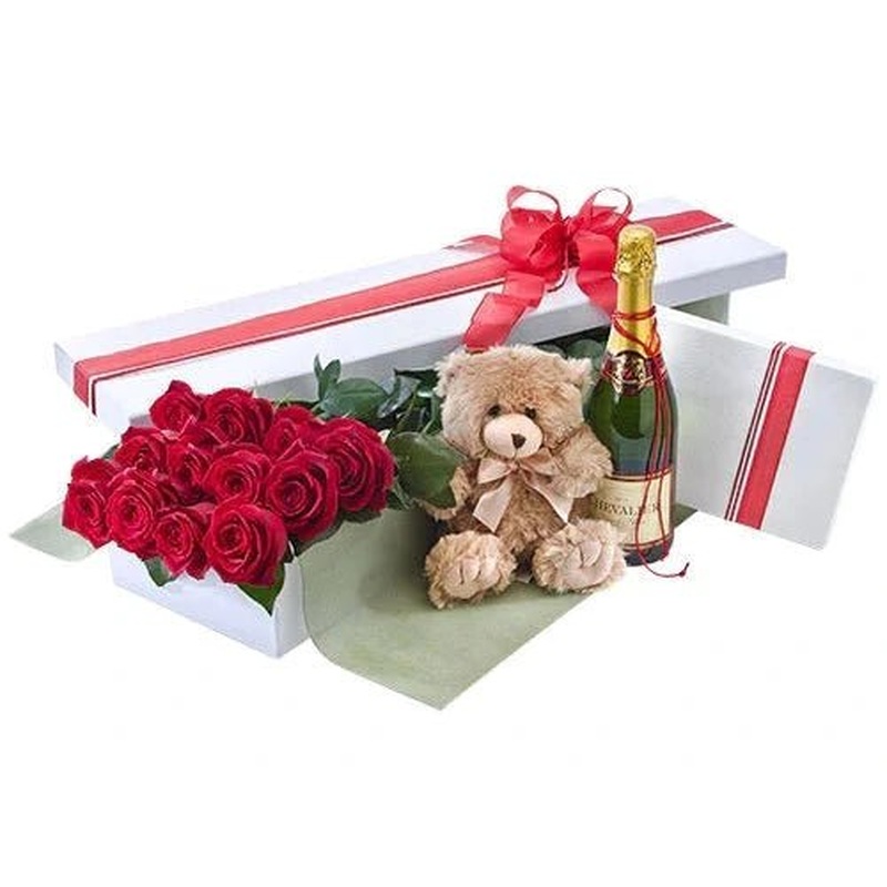 Dozen Red Roses with Champagne and Teddy Bear