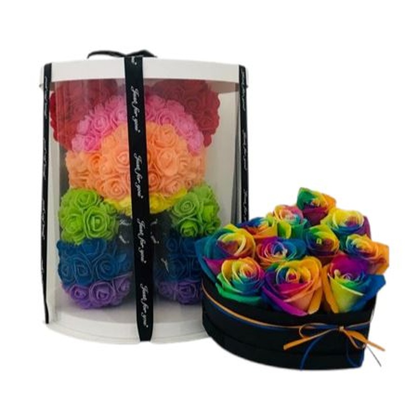 Luxury Gift Set of Rainbow Roses in a Box with Rose Teddy Bear