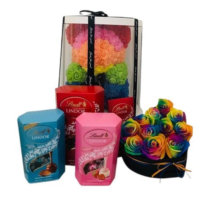 Rainbow Roses in a Box with Rose Teddy Bear and Chocolate