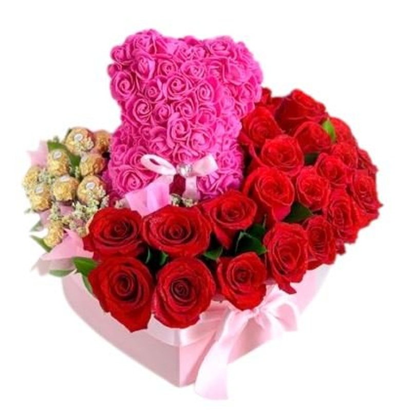 Romantic Box of Roses and Teddy