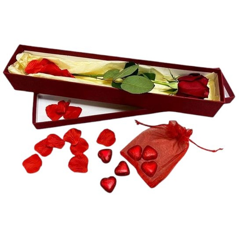Single Rose Luxury Box with Cute Bag of Chocolate Hearts and Roses Petals