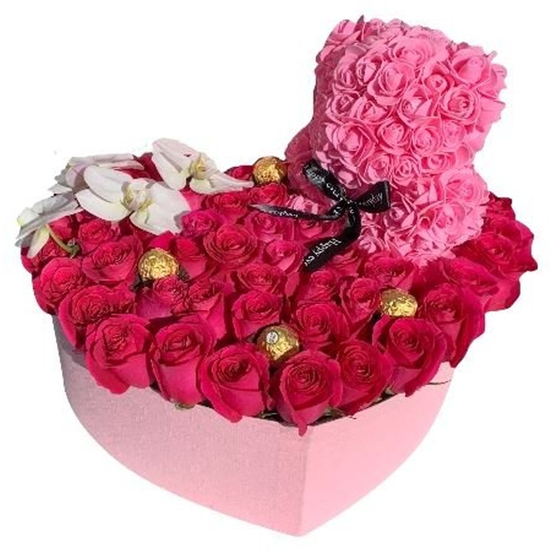 Sweet Box of Roses with Phalaenopsis and Foam Teddy