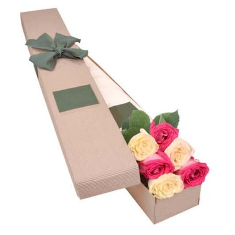 Box of Ivory and Pink Luxury Roses