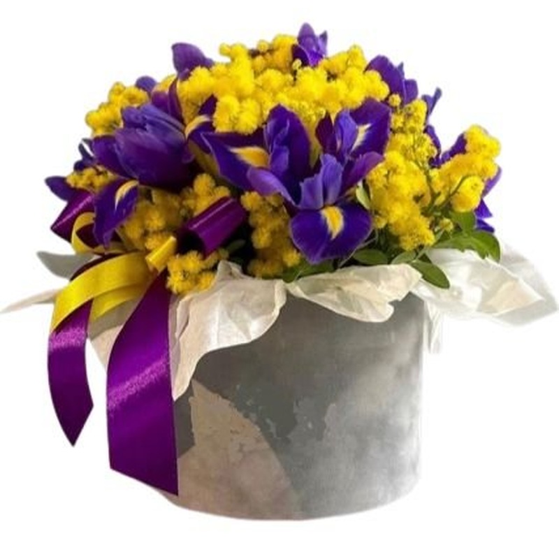 Box of Mimosa and Blue Irises