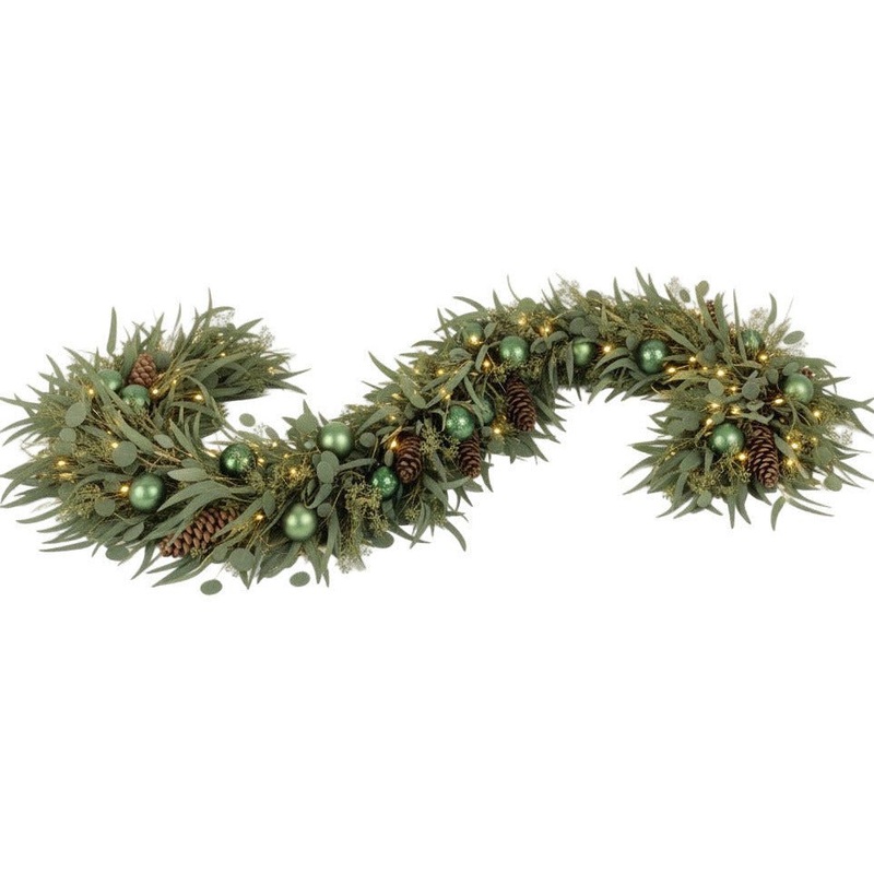 Christmas Eucalyptus Garland with Green Baubles and Pine Cones