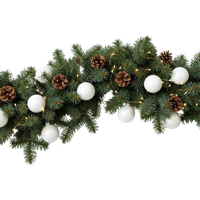 Festive Spruce Garland with White Baubles and Lights