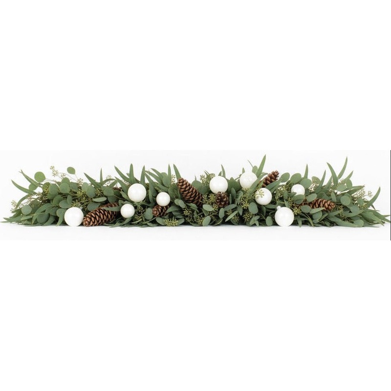 Luxe Eucalyptus Garland with Long Cones & Snow-White Baubles
