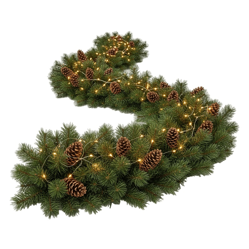 Luxe Evergreen Garland with Cones and Soft Lighting