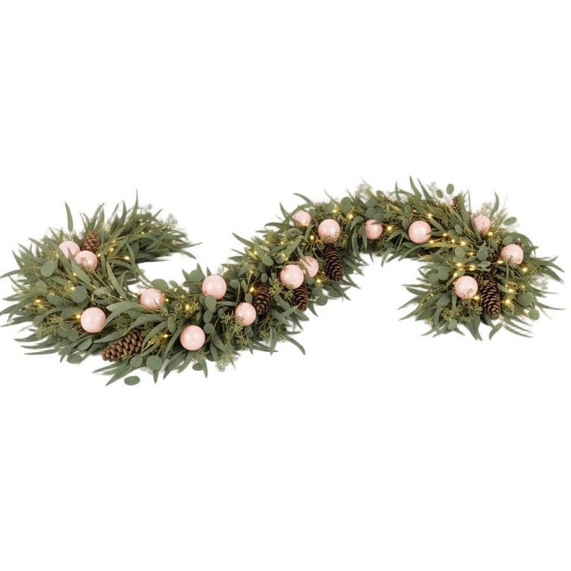 Rustic Eucalyptus Garland with Pink Baubles and Lights