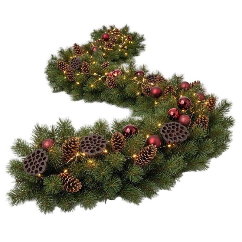 Spruce Garland with Burgundy Baublesand Lights