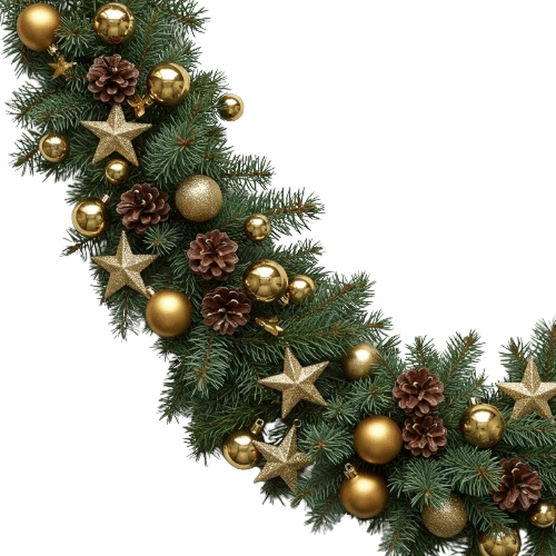 Spruce Garland with Gold Baubles, Stars and Cones
