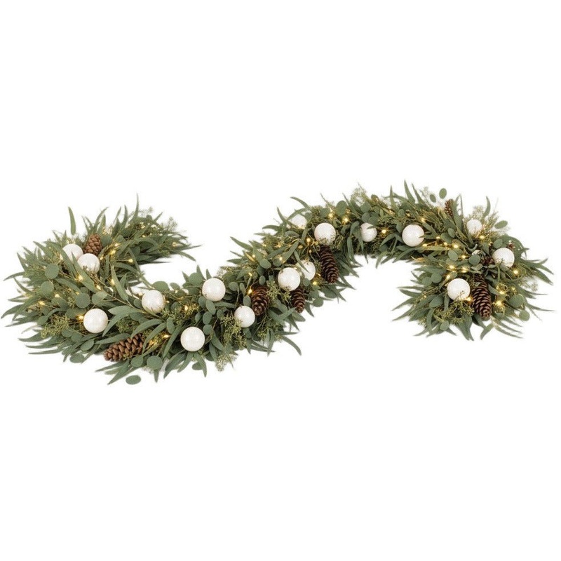 Winter Elegance Garland with Eucalyptus, Lights & White Baubles