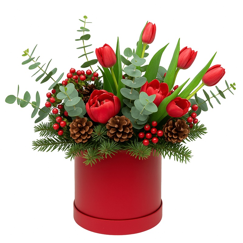 Festive Box of Red Tulips and Berry