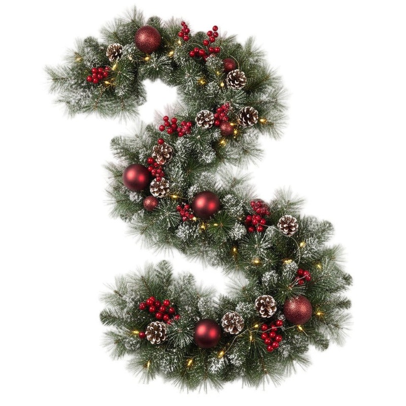 Festive Snowing Spruce and Pine Garland with Red Baubles and Lights