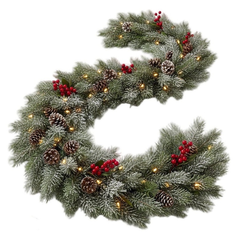 Fresh Spruce Christmas Garland with Artificial Snow and Lights