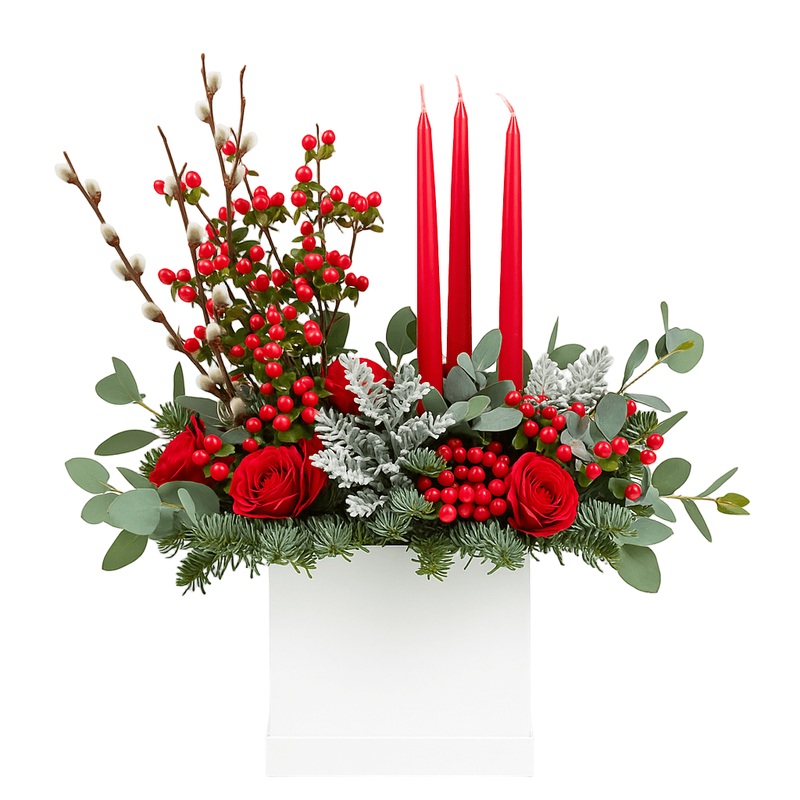 Hypericum Berries with Red Roses and Candles Festive Box