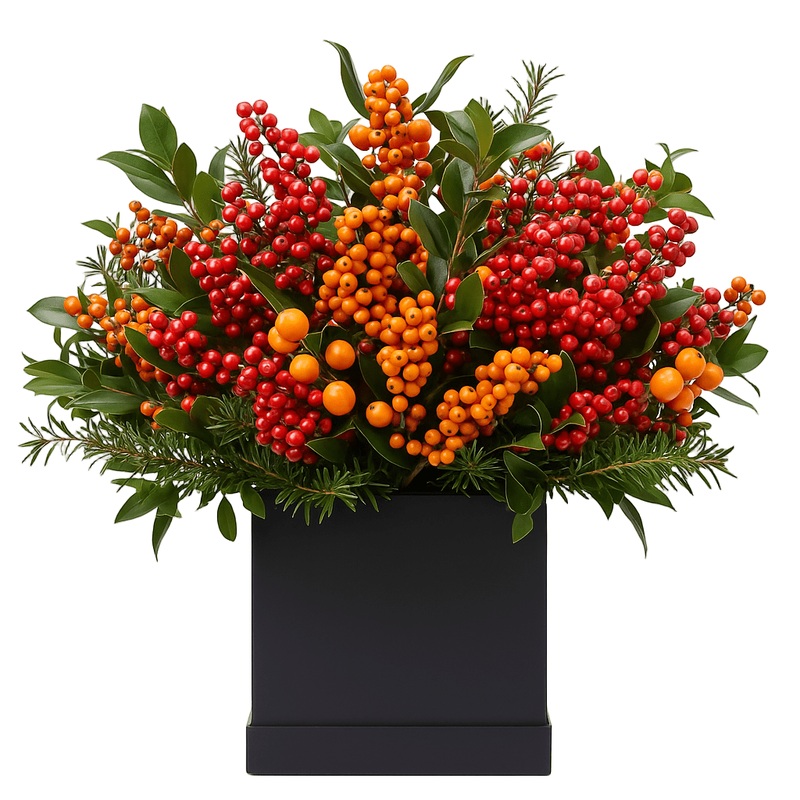 Red and Orange Ilex Berries with Fresh Fir Box