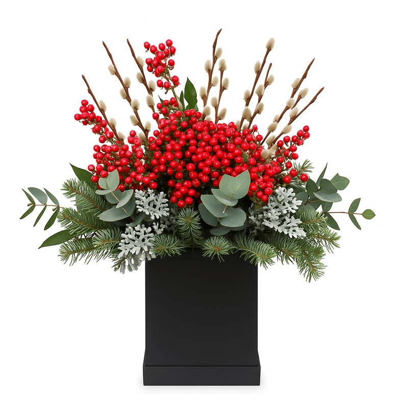 Red Hypericum Berries with Catkins Holiday Box
