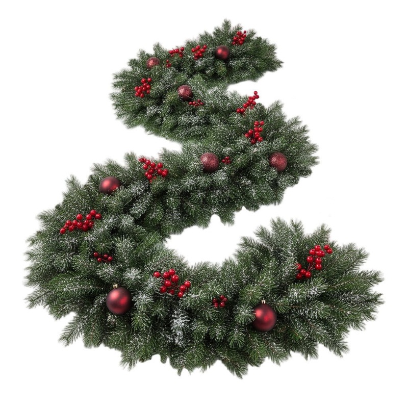 Snowing Spruce Garland with Red Baubles and Berry
