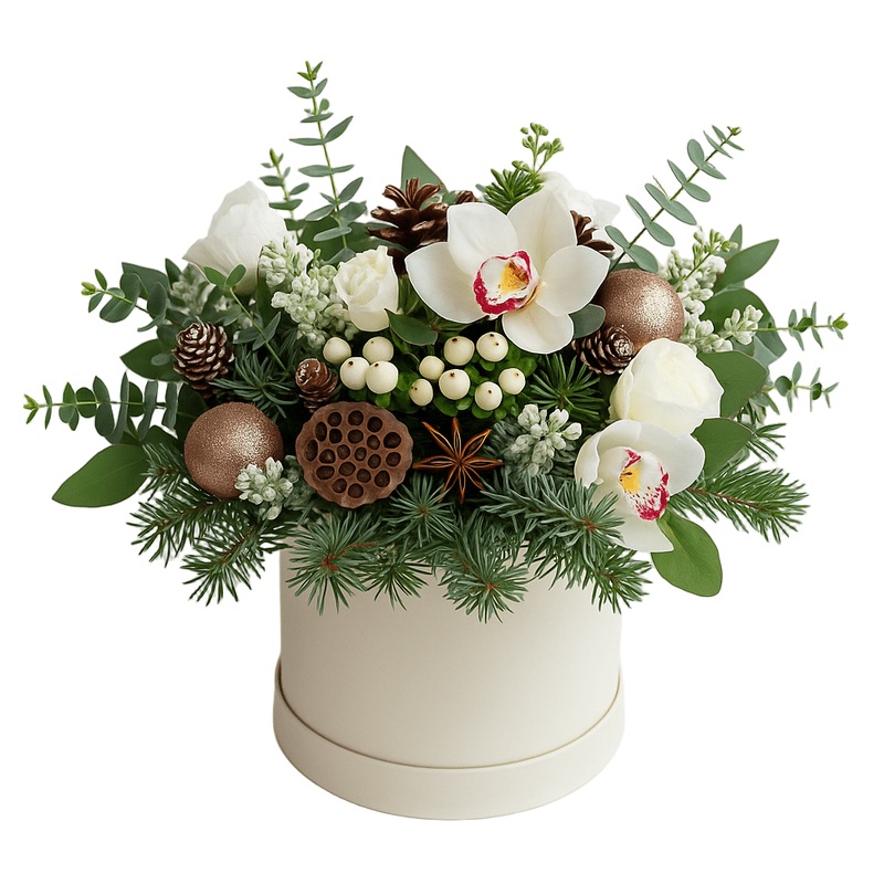 White Cymbidium Orchids and Rose Gold Baubles Festive Box