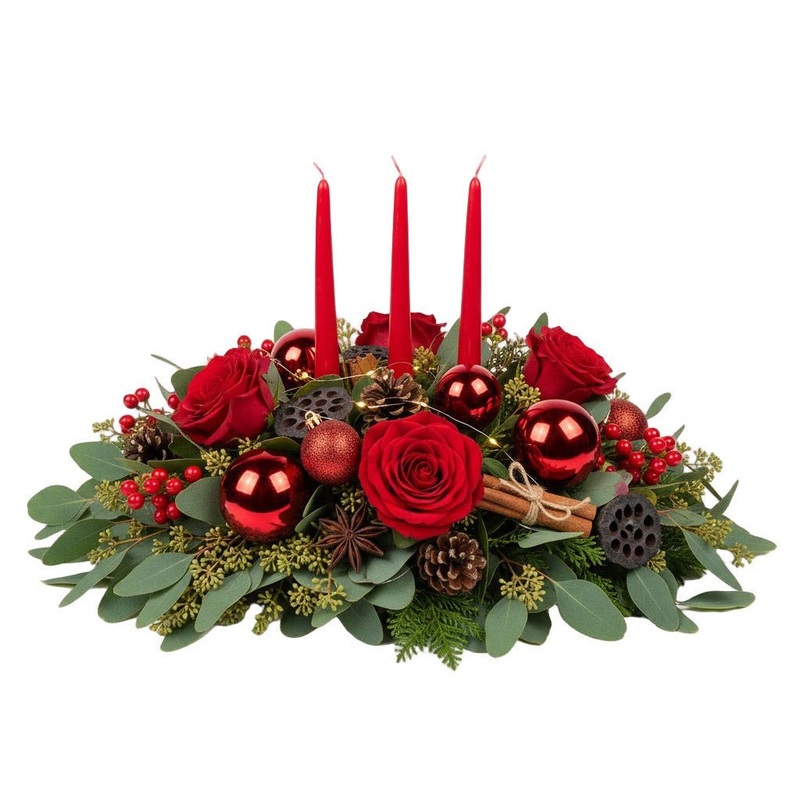 Classic Red Roses and Baubles Christmas Centerpiece