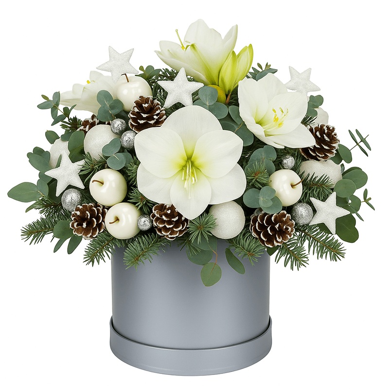 Festive Amaryllis Arrangement with Apple and Stars Decor
