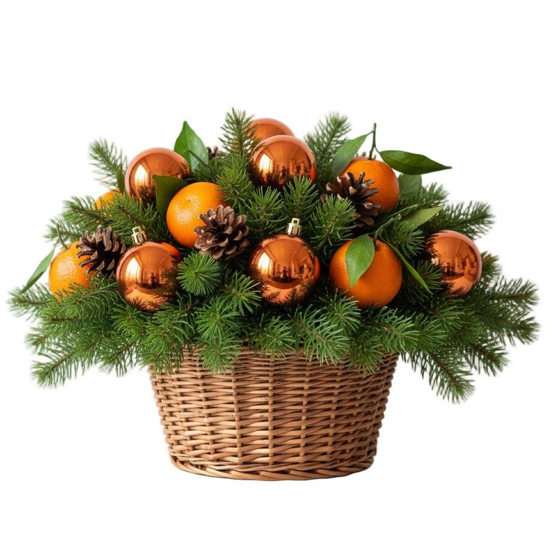 Festive Basket of Tangerine and Orange Baubles