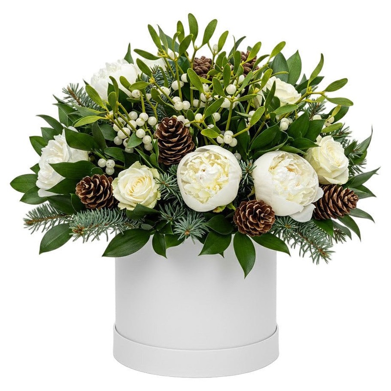 Festive Box of White Peonies and Roses