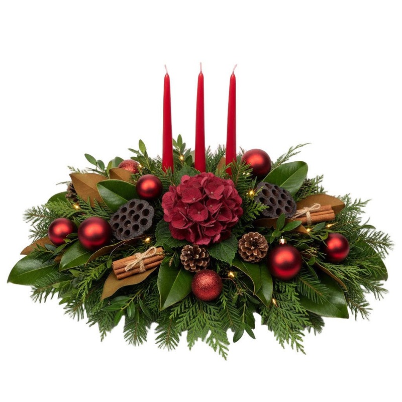 Festive Red Hydrangea and Magnolia Leaf Centerpiece