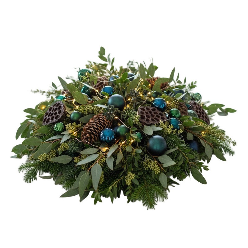 Green and Navy Bauble Centerpiece With Woodland Winter Details