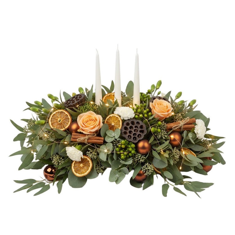 Holiday Centerpiece of Cooper Baubles and Soft Peach Roses