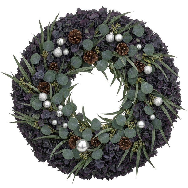 Luxury Festive Wreath of Pimpernel Hydrangea and Silver Baubles