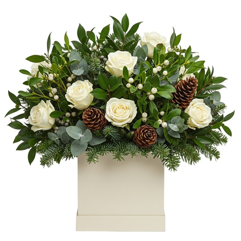 Luxury White Roses with Mistletoe Christmas Box