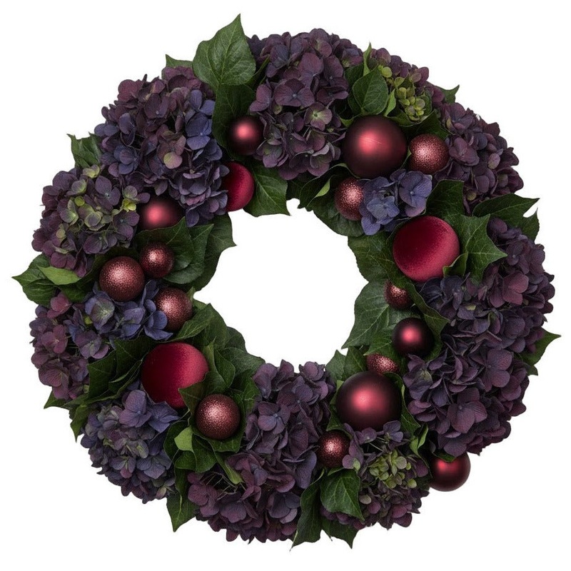 Rafined Hydrangea Wreath with Red Baubles