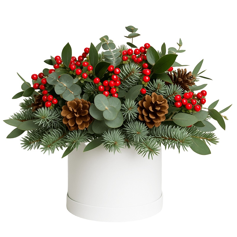 Seasonal Spruce Box Arrangement with Hypericum & Cones